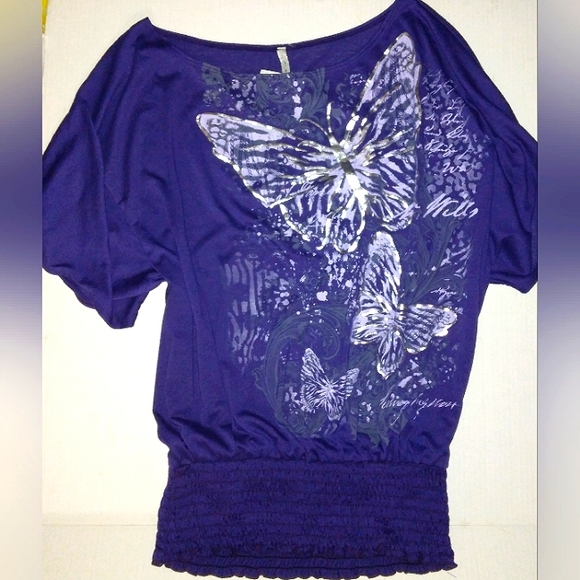 ☆NWT☆Gorgeous Plus Size Mi Manchi Royal Purple Silver Metallic Butterfly Blouse☆ - Picture 14 of 15
